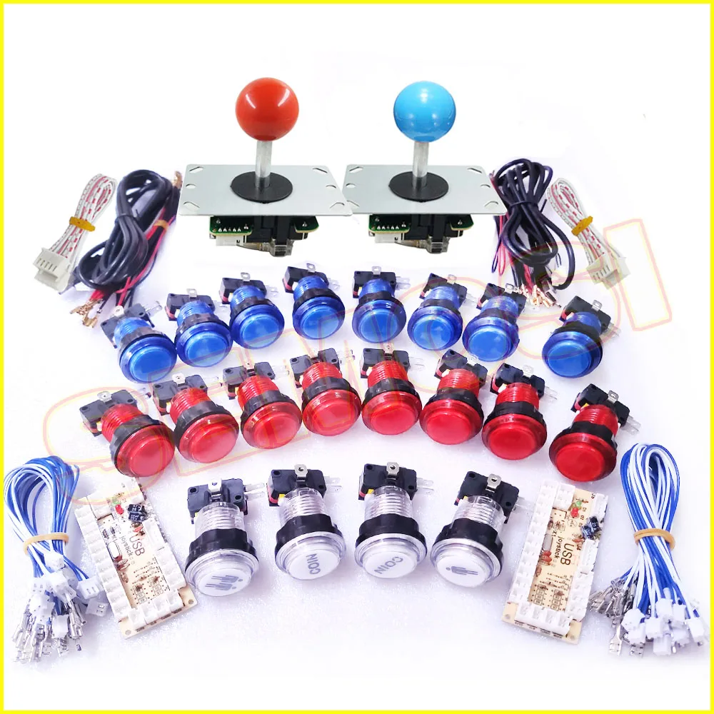 Red and blue 2 Светодиодный аркадный контроллер кнопок DIY Kit, Нулевая задержка USB энкодер для ПК для 2 плеера 5Pin аркадный джойстик Raspberry - Цвет: Red and blue 2