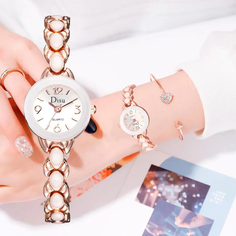 Disu бренд платье часы маленькая Роза золотистый браслет модные часы Повседневное платье женские кварцевые часы браслет часы для женщин