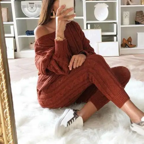 Wine Red Вязаный комплект из двух предметов, Женский Топ с длинным рукавом и длинные штаны, сексуальный зимний свитер, комплект из двух предметов - Цвет: Wine Red