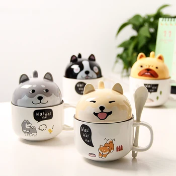 

3D Ceramic Dog Coffee Mugs with Spoon Lid Porcelain Milk Cup Cartoon Akita Animal Travel Water Mug Lovers Kitchen Drinkware