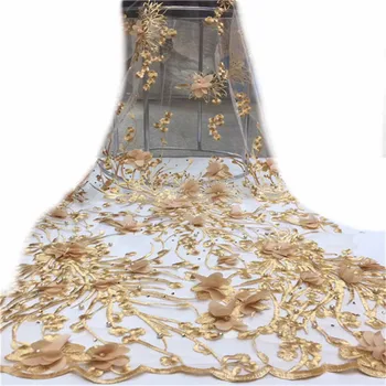 

Nigerian Lace Fabrics High Quality Golden Embroidered Tulle Lace Fabric 2019 French 3D Flowers Tulle Lace Fabric