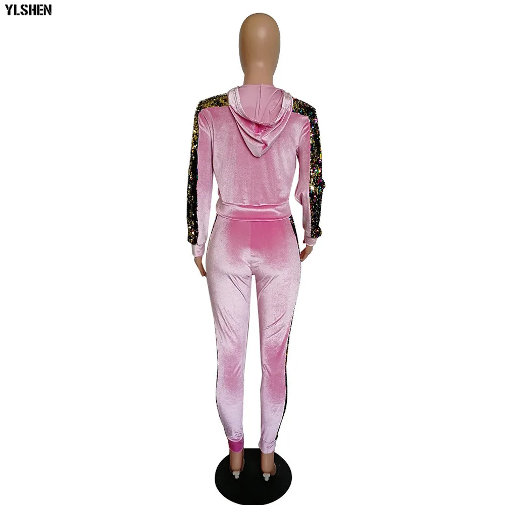 2 Two Piece Set Velvet Tracksuit Women Sexy Sequins Jogging Femme Plus Size Long Sleeve Tops +Pants Sweat Suits Matching Sets 30