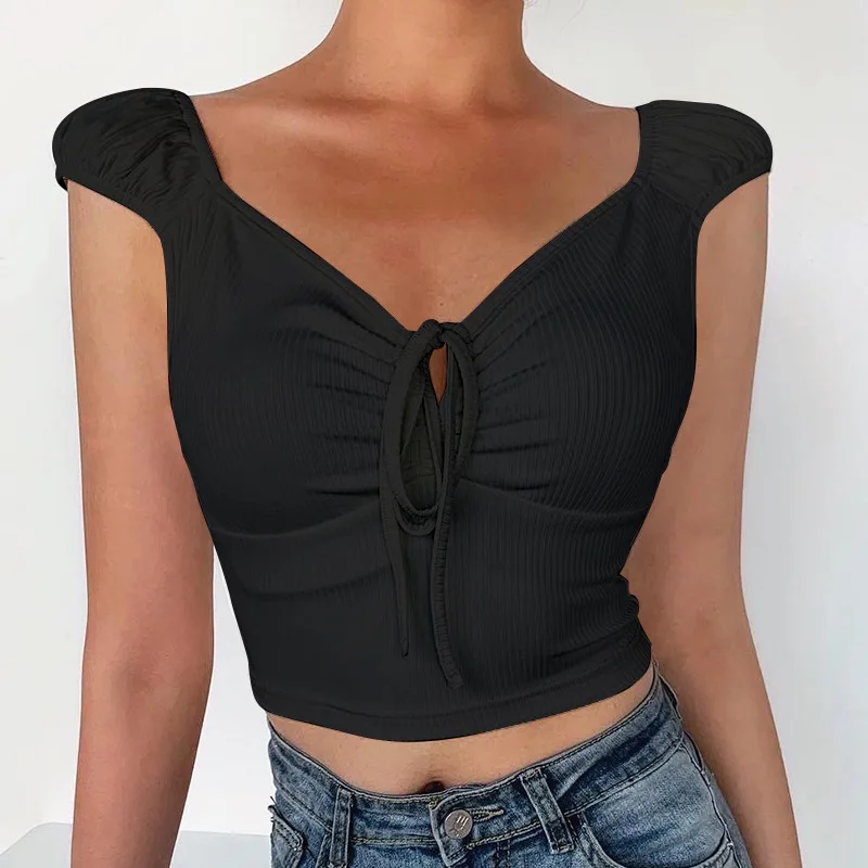 2020 Women Summer Crop Top Cap Sleeve Front Drawstring Ruched V Neck Pull Tie Solid Color Pullover Solid Colot T-shirt Tops 2020 Women Summer Crop Top Cap Sleeve Front Drawstring Ruched V Neck Pull Tie Solid Color Pullover Solid Colot T-shirt Tops