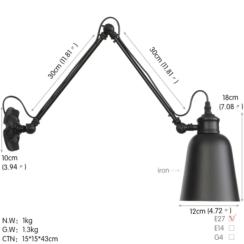 YY-B036L 30-30 American Country Iron wall light LED E27 110V-240V Nordic Modern Minimalism Indoor Decorations Wall lamp for Restaurant Bedroom - Цвет абажура: YY-B036L 30-30