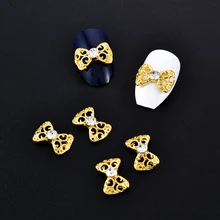 10 шт золотые полые блестящие стразы с бантом для ногтей, сплав, Рождество, праздник, праздник, украшения для ногтей, 3d украшения для ногтей