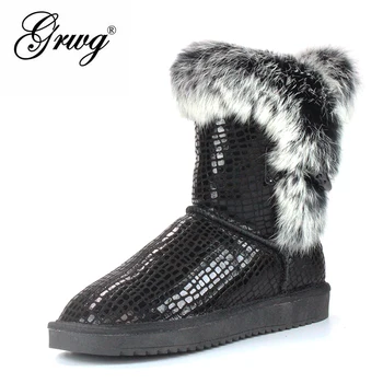 

GRWG Brand Women's Natural Real Rabbit Fur Snow Boots 100% Genuine Leather women Boots Female Winter Shoes