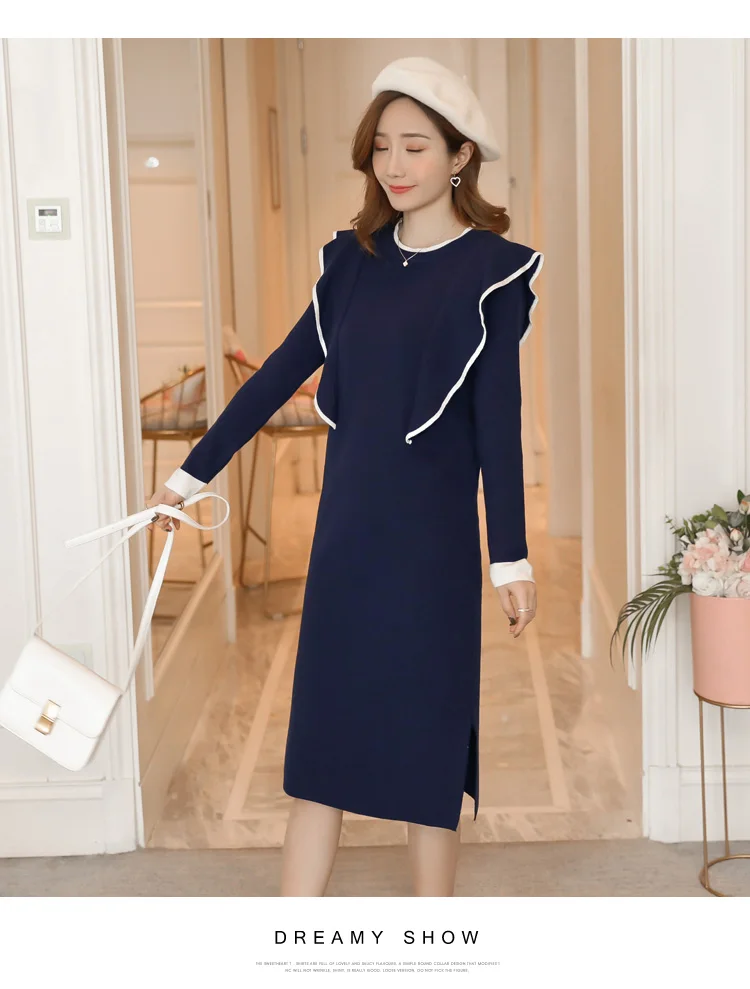 1033# Elegant Knitted Maternity Nursing Dress Autumn Winter Fashion Breastfeeding Clothes for Pregnant Women Pregnancy Feeding