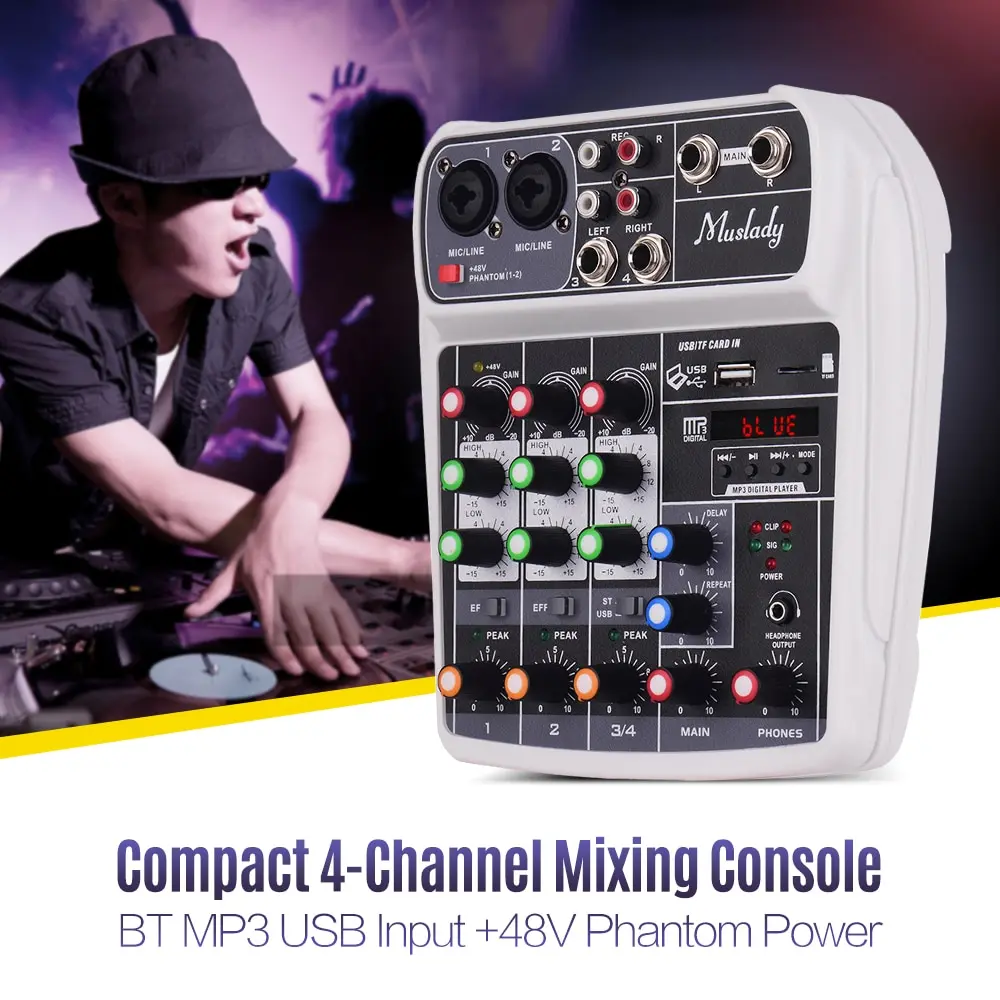 Muslady AI-4 Compact Sound Card Mixing Console Digital Audio Mixer 4-Channel BT MP3 USB Input +48V Phantom Power for Music Muslady AI-4 Compact Sound Card Mixing Console Digital Audio Mixer 4-Channel BT MP3 USB Input +48V Phantom Power for Music