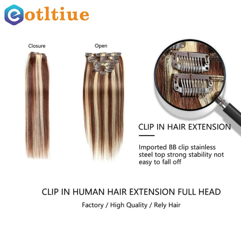 8Pcs/set 120g Piano color Caramel Brown Clip In Hair Extensions Human Hair Machine Made Natural Real Remy Clip Ins hair extensions