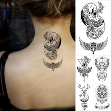 Waterproof Temporary Tattoo Sticker Owl Flower Wing Feather Small Black Tatoo Neck Back Shoulder Men Women Glitter Tattoos Kids