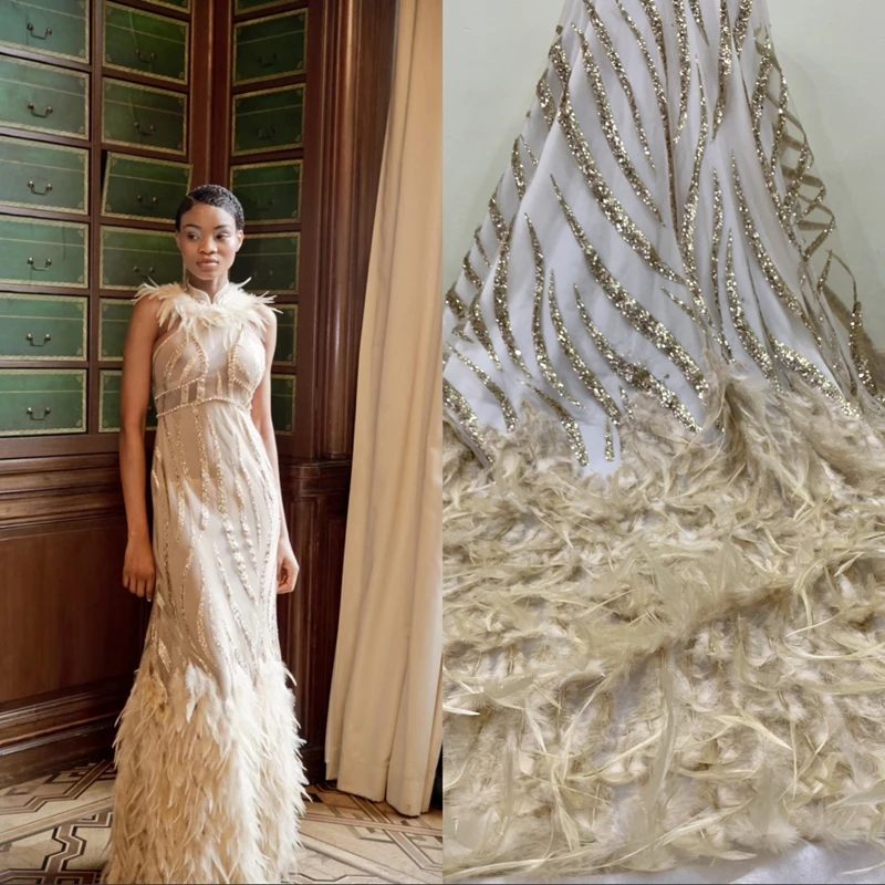 

African Tulle Lace Fabric With Sequins High Quality Nigerian Lace Noble 3D Feather Lace Fabric Handmade DIY Decoration For Woman