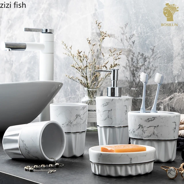 Set accessori bagno ceramica bianca portasapone liquido porta