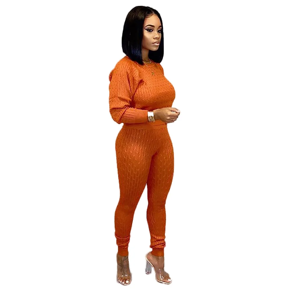 Осенне-зимний женский комплект, вязаный свитер с длинным рукавом, длинные штаны, комплект из двух предметов, спортивный костюм, наряды, Клубная спортивная одежда A6470 - Цвет: Оранжевый