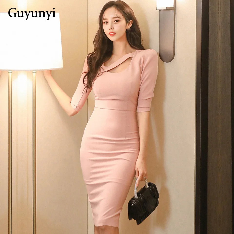 High Waist Tight Office Lady Dress 2022 Spring Solid Color Round Neck ...