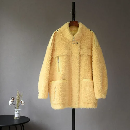 Light Yellow OFTBUY парка зимняя куртка Женское пальто из натурального меха тканая шерсть плюшевый флис медведь плюшевая замша уличная мода - Цвет: Light Yellow
