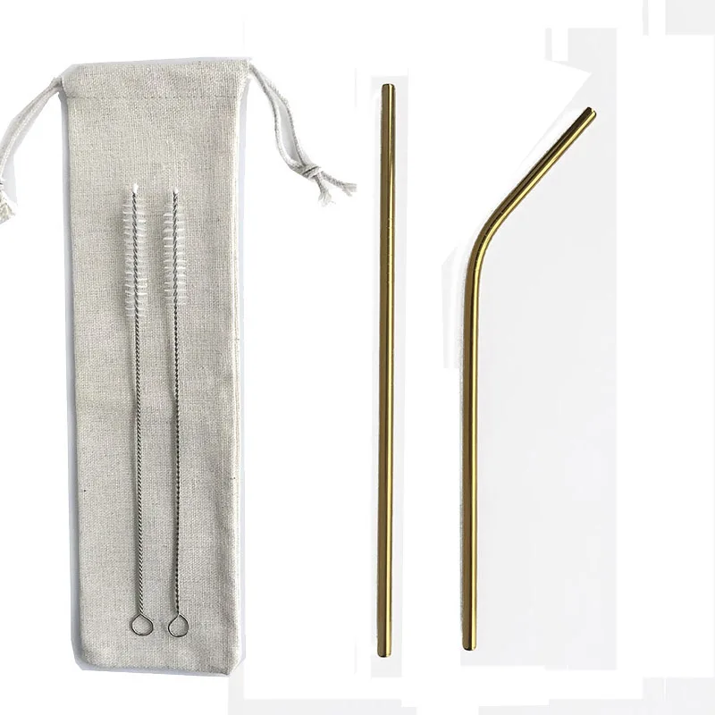 Gold 4Pcs 7 шт многоразовая 215*6 мм металлическая трубочка трубочки для питья 304 нержавеющая сталь Изогнутая прямая соломинка для напитков бар вечерние оптом с мешочком - Цвет: Gold 4Pcs