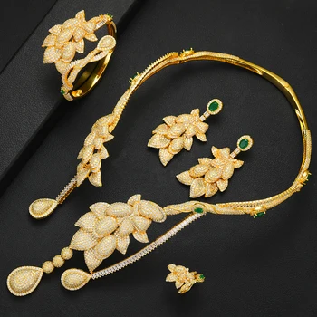 

missvikki Luxury Shining Charm Flowers Leaf Full Cubic Zircon Nigerian Necklace Earring Bangle Ring 4PCS Jewelry Sets For Women Wedding Indian Dubai Bridal Jewelry Sets