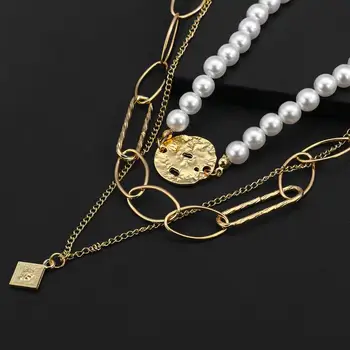 

ANESOA Hollow Irregular Round Fashion Multilayer Choker Necklaces Women Pearl Gold Metal Bohemian Pendant Chain Necklace Jewelry
