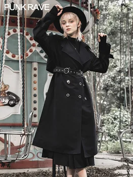 

PUNKRAVE Women Punk Dark Windbreaker England Style V Collar Sim Fit Long Jacket