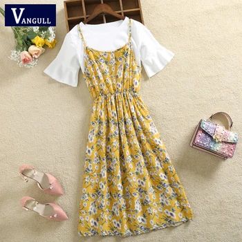 

Vangull Two Piece Floral Chiffon Long Camisole Dress Women Summer short sleeve Lotus leaf Elastic waist dress Slim Idyllic dress