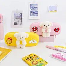 

Cartoon Large Capacity Pencil Case Silicone Pen Bag Cute Soft Plush Bear Storage Pouch Stationery for Girls Kids School Supplies