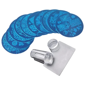 

10 Pcs Stamping Plate + Clear Silicone Stamper + Scraper Nail Art Ie Stamp Tool Manicure Template WH998