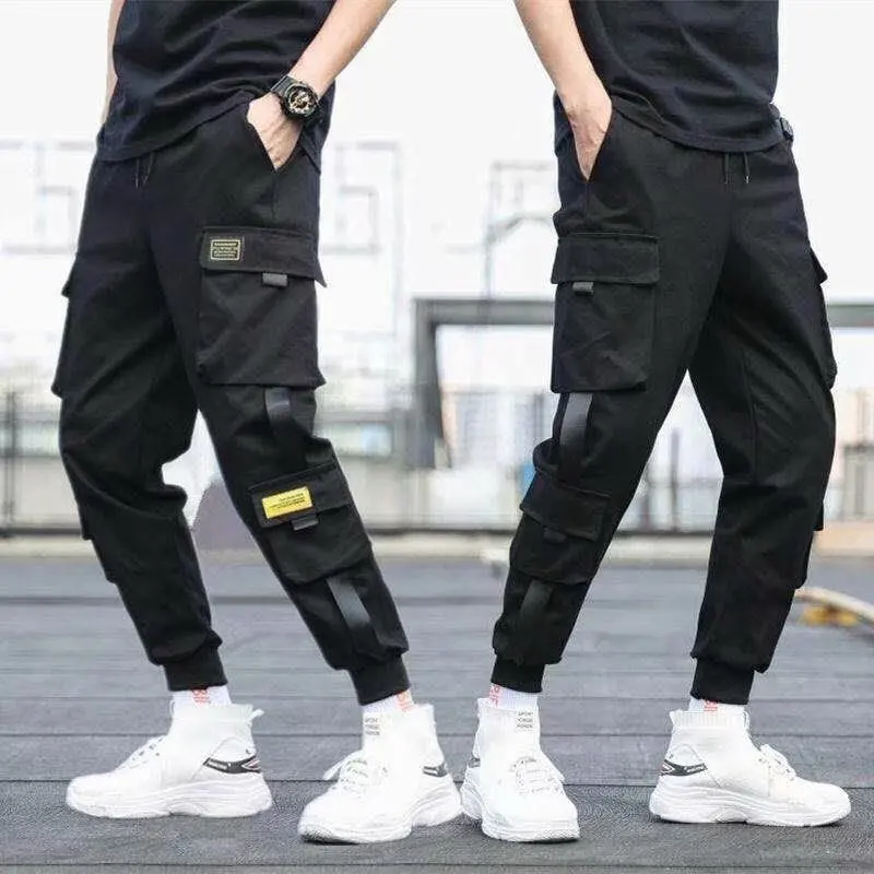 

Men Ribbons Color Block Black Pocket Cargo Pants Harem Joggers Harajuku Sweatpant Hip Hop Trousers