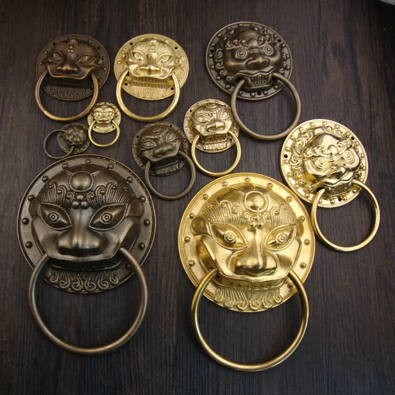 Antique furniture fittings brass lion head ring pull knob for Wooden