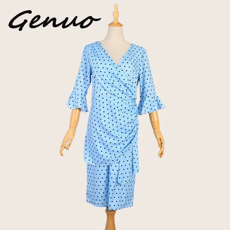 Genuo, новинка, с расклешенными рукавами, в горошек, сексуальные, богемные, пляжные платья, мода, v-образный вырез, макси, подиум, платье, средний рукав, весна, Vestido