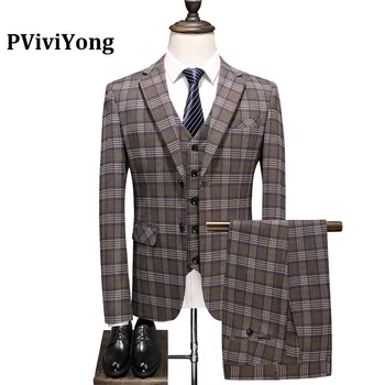 

PViviYong brand 2020 high quality suit men khaki grid Business Suit Three-piece (Jackets + Vest + Pants) 6025