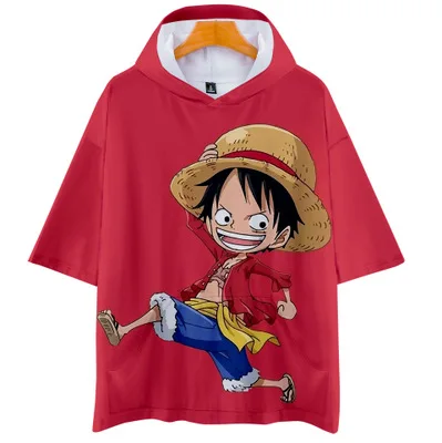 Высококачественный короткая футболка с героями из японского аниме «ONE PIECE Горячая периферическое зрение с капюшоном для мальчиков; женский