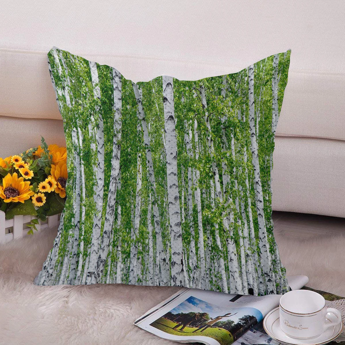 Birch Trees Nature Outdoor Magic Pillowcase Sequins Throw Pillow Case Home Decorative Reversible Double Sided Pillow Cover