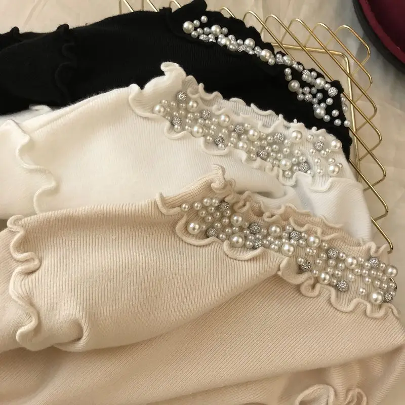 

Knitted Sweater Women's Fall Winter Clothes New Pearl Bead Lotus Stand Collar Long-Sleeve Sweater Jumper Femme Pull Pullovers