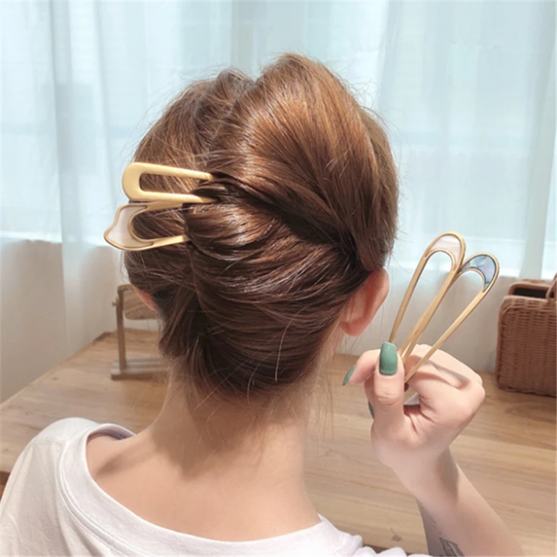 Fashion Hair Accessories Metal U Shape Hair Stick For Women Silver Gold Color Elegant Shell Enamel Hairpin Female Headwear Gifts