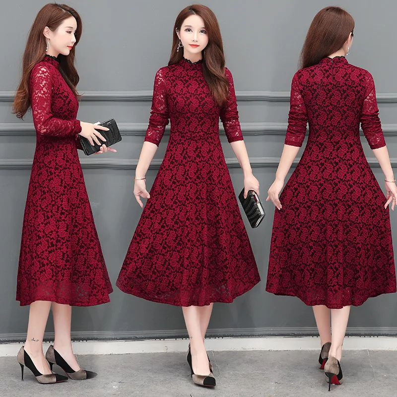 

Lace Dress Female Autumn 2019 New Style Large Size Mid-length over-the-Knee Western Style Belly Covering Long-sleeved Red Base S