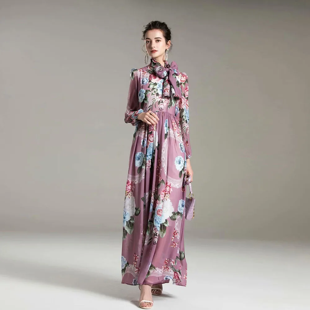 

Purple Chiffon Bowtie Floral Dresses Women Fashion 2021 Summer Long Casual Sexy Office Work Daily Dress Plus Size Elegant A Line