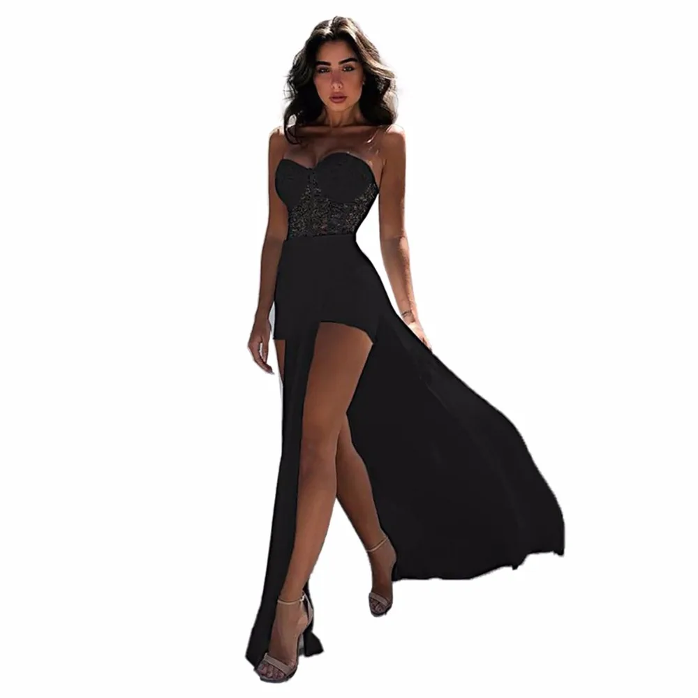 New Design Summer High Street Sexy Women Solid Color Full Length Jumpsuit Strapless Sleeveless Big Swing Catsuit Playsuit