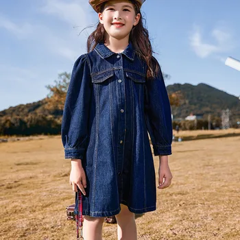 

New Fashion Big Girls Jeans Dress 2020 Autumn Long Sleeve Denim Shirt Dress Age 6 8 10 12 14 Years Fashion Children Clothes