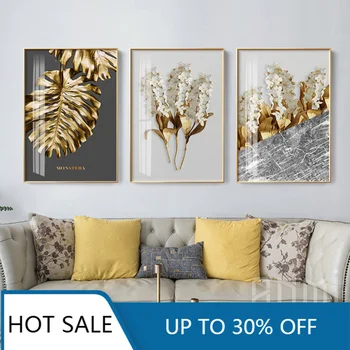 

Christmas Canvas Painting Modern Abstract Gold Floral Leaves Posters Wall Art Pictures for Living Room Interior Home Decor