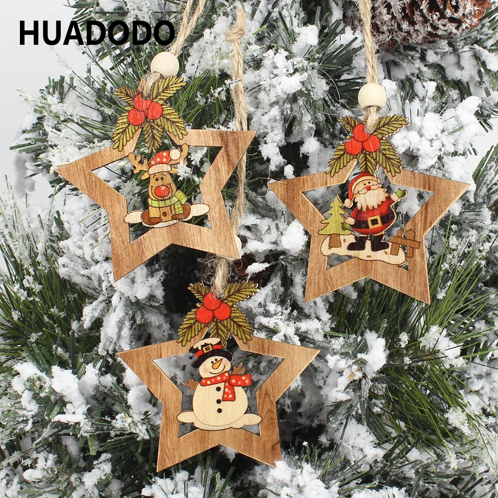 HUADODO 4Pcs Wooden Star Christmas tree decoration Pendants Ornaments for Christmas decoration Ornament New Year Kids Gift