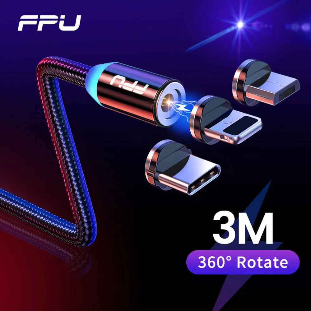 Магнитный кабель FPU Micro USB Type-C, 3 м, кабель для iPhone Samsung Android, мобильный телефон, быстрая зарядка, USB, кабель,зарядное устройство, провод, шнур, Aliexpress
