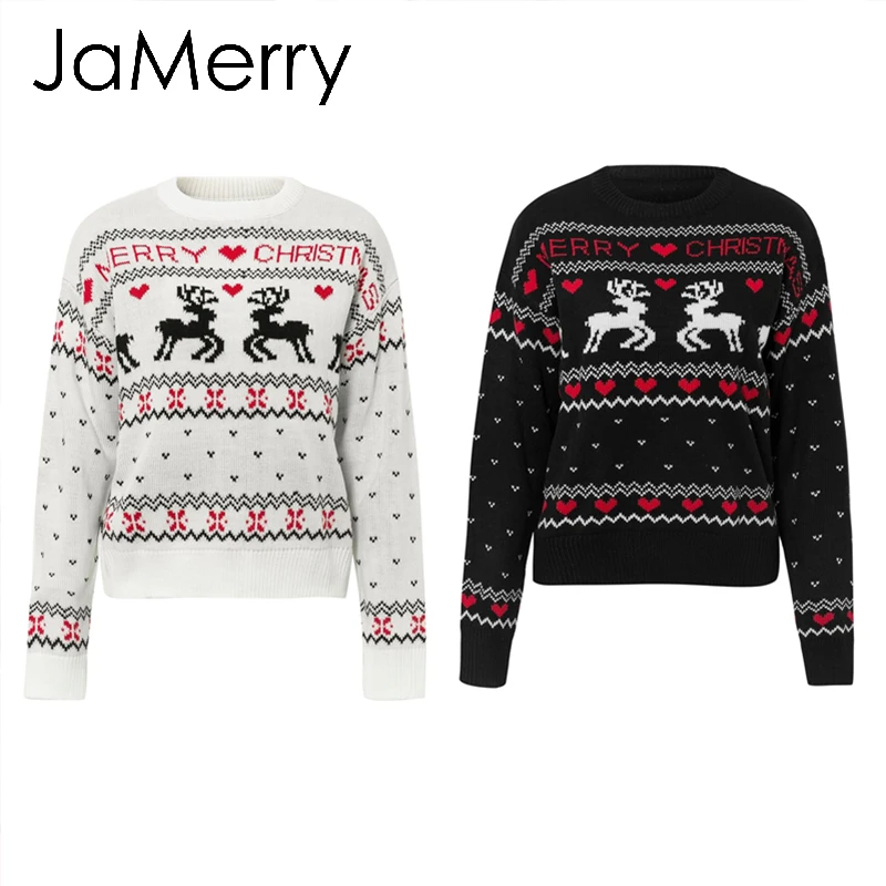 JaMerry, винтажные Рождественские свитера для женщин, с длинным рукавом, Осень-зима, с принтом оленя, вязаный женский пуловер, шикарный топ, джемпер