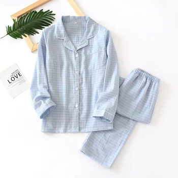 

Couple Pajamas Set Japanese Plaid Men Sleepwear Suit Lovers' Cotton Gauze Home Clothes Thin Large Stripe Women Sexy Nightwear