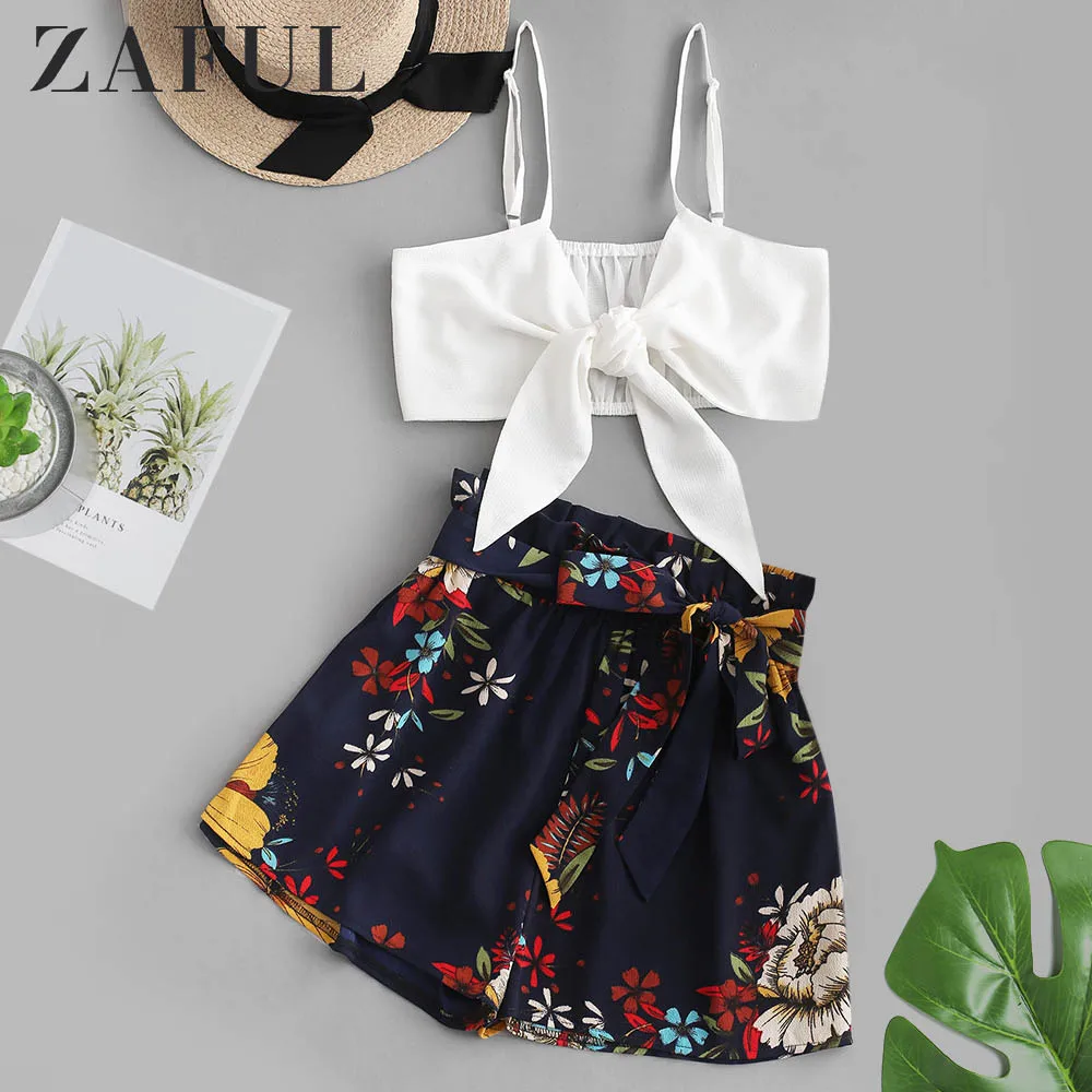 

ZAFUL Floral Print Crop Belted Paperbag Shorts Set Sleeveless Women Casual Loose Belted Floral Print Two Pieces Sets 2019