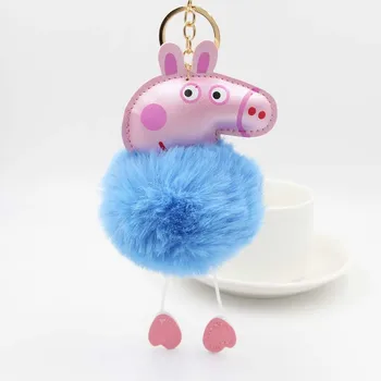 

New Peppa Pig Cute Car keychain Fur Key Chain Women Trinket Women Bag Key Ring Jewelry Gift Fluff Pompon Key Ring Accessories