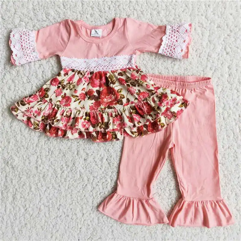 RTS Children's Clothing Baby Girls Sweat Suit Pink Blouse Ruffle Lace
