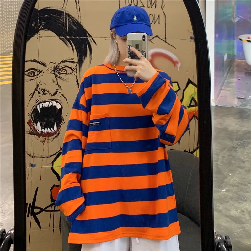 

Lychee Harajuku Hit Color Loose Women T-shirt Long Sleeve Autumn Women T-shirts Orange and Blue Stripe Lady T Shirt