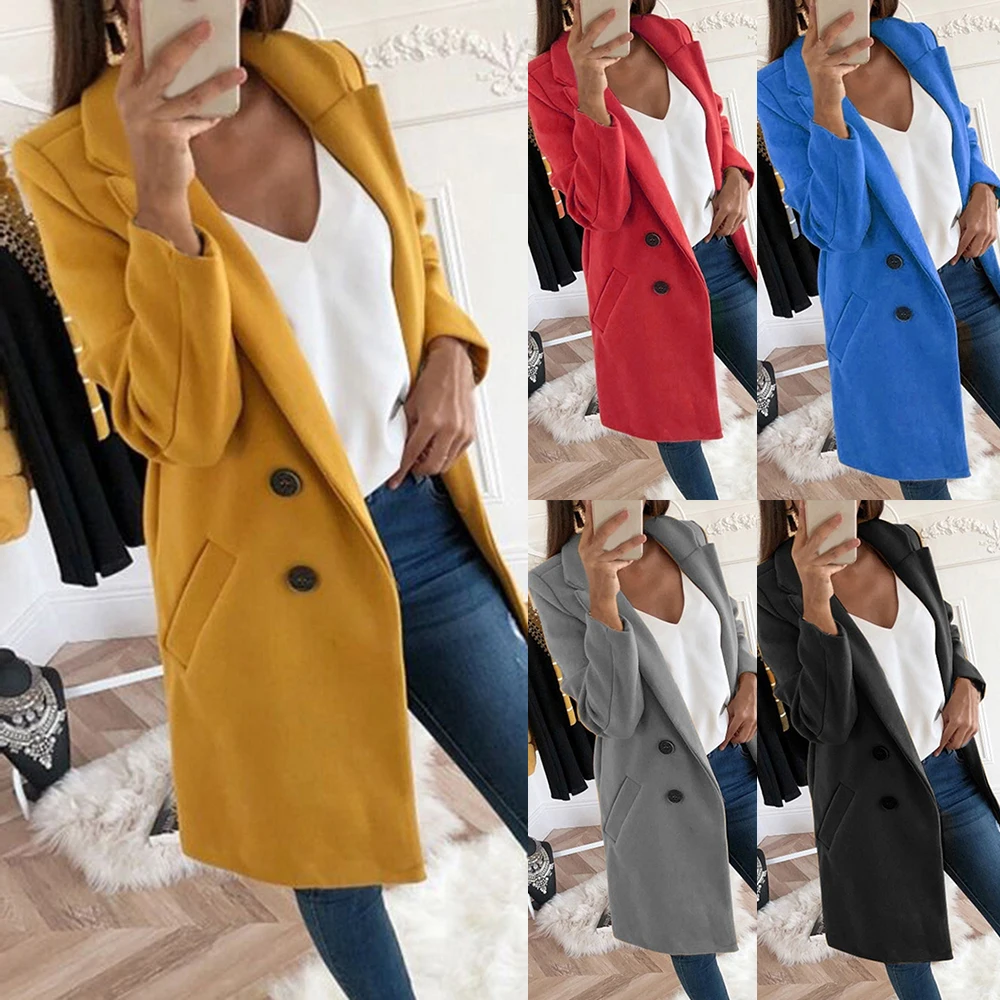 Fashion Autumn Long Coat Women Turn Down Collar Solid Yellow Coat Casual Lady Slim Elegant Blends Outerwear Clothes