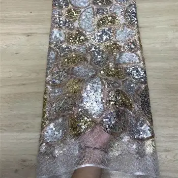 

Nigerian Lace Fabrics 5yard 3D Sequins lace fabric net lace fabric 2019 Sequins, silver lace fabric for haute couture dress