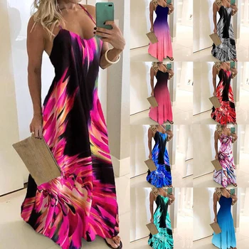 

2020 Womens Leaf Print Dress Sexy Spaghetti Strap V Neck Long Dress Beach Dresses Party Tunic Dress